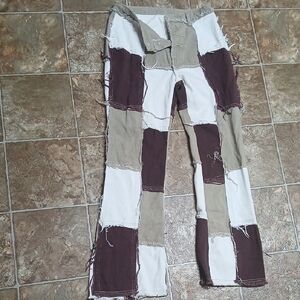 GUC Shein Denim Patchwork Pants Boot Cut Jeans Brown Tan Cream White Size Medium